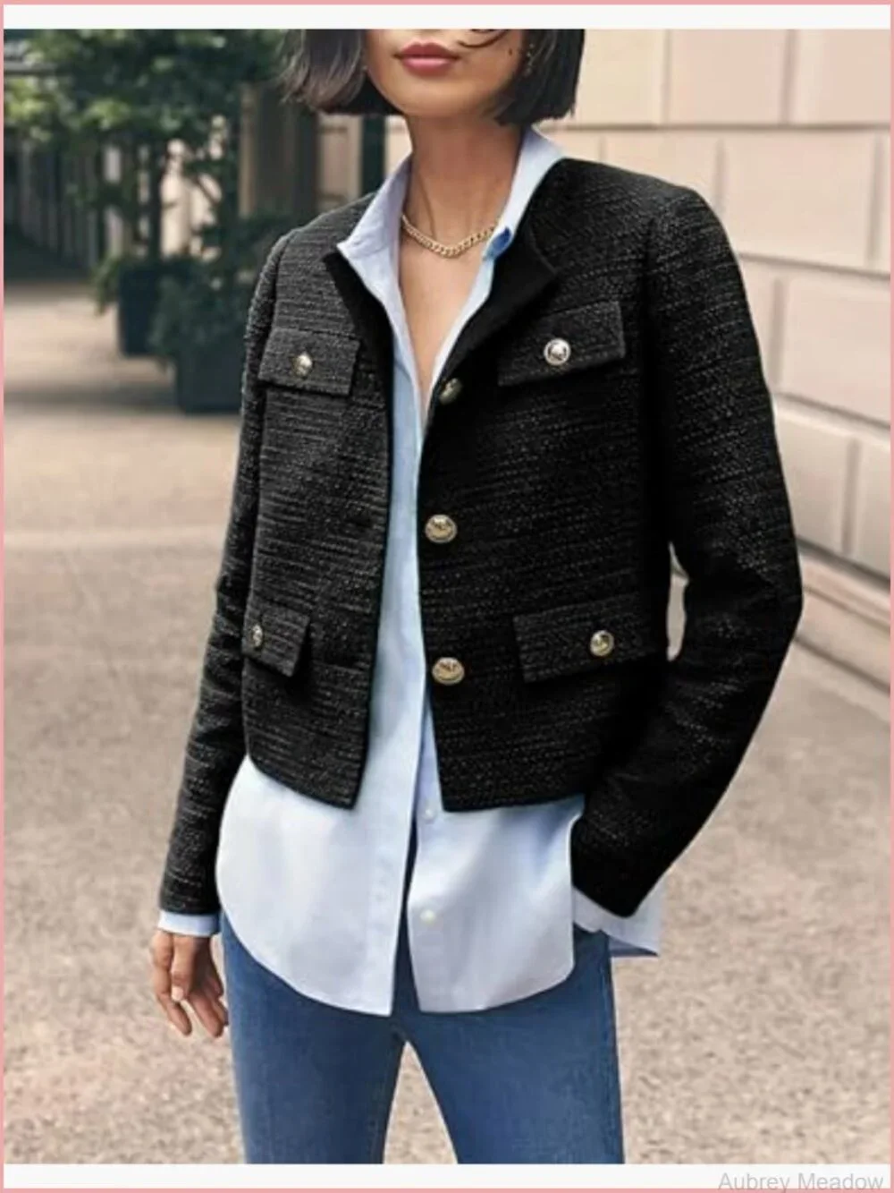 Cropped Tweed Blazer Jacket Womens Slim Collarless Business Casual Long Sleeve